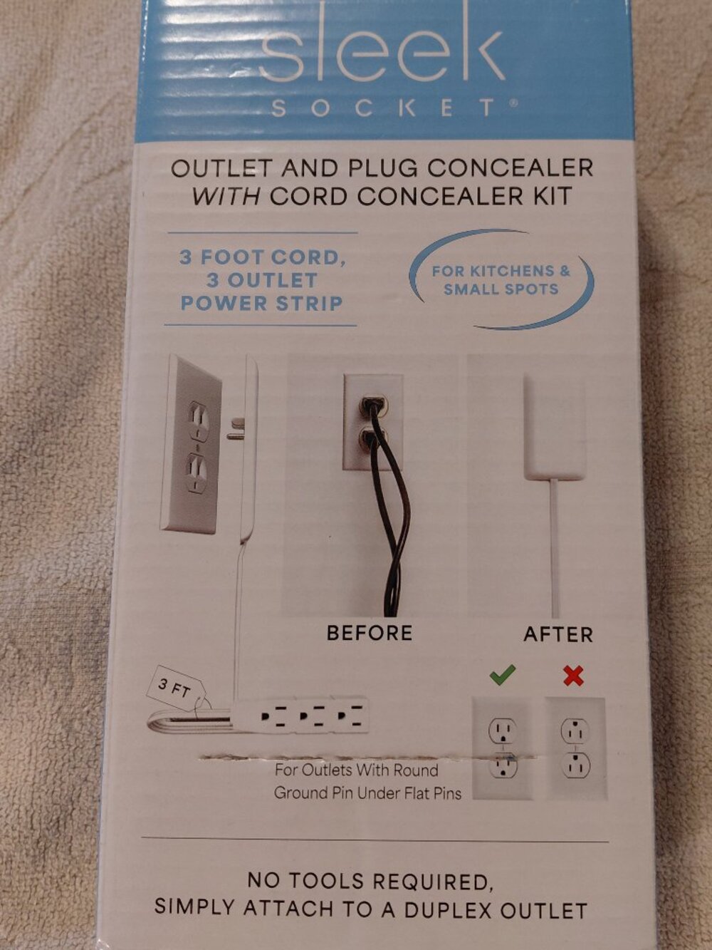 Sleek Socket 3 ft. 3-Outlet Cord and Plug Concealer with Cord Management Kit